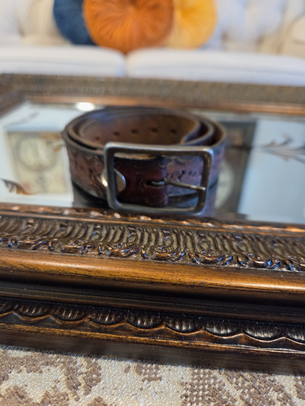 Source Unknown Women's Brown Leather Tooled Belt with Metal Buckle